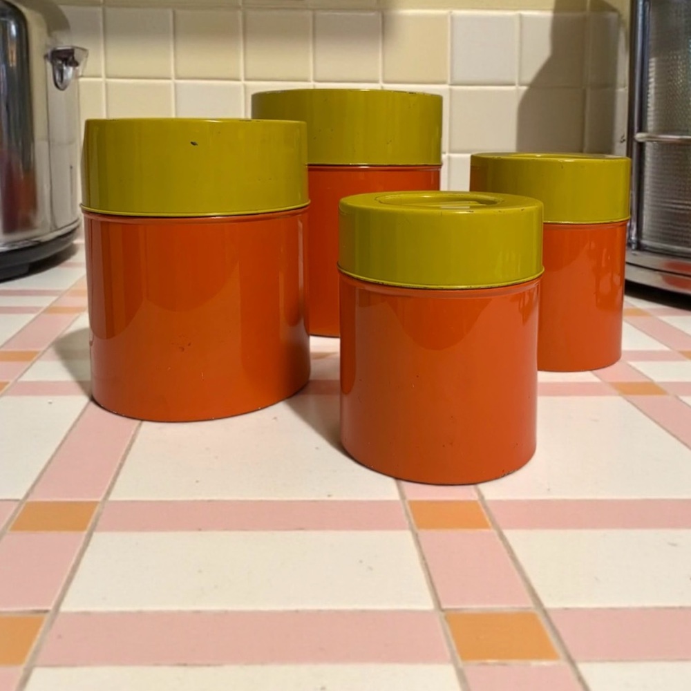 Vintage 70’s Tin Canisters With Bar Pull Lid Handle In Yellow & Orange